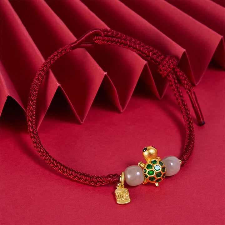 Buddha Stones Koperen Schildpad Fu Karakter Hetian Jade Rode Koord Armband - image 2