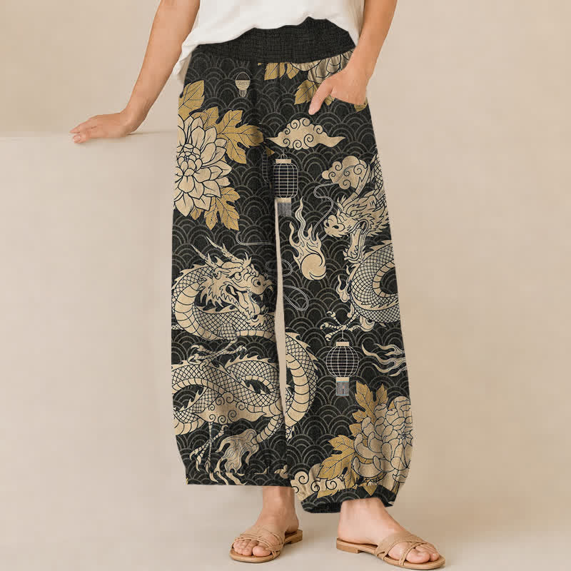 Buddha Stones Katoenen harembroek voor dames met oosters draken-, lotus- en wolkenpatroon, plooien, elastische Taille en Zakken. - Zwart - US16, UK/AU20, EU48 (3XL) - image 0
