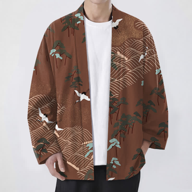 Buddha Stones Katoenwitte kimono met kraanvogel- en golvend patroon, open voorkant, voor heren - Sienna - US/UK/AU48, EU58 (4XL) - image 0