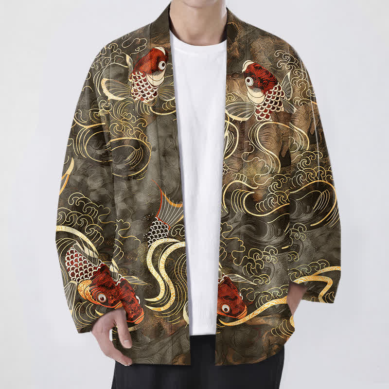 Buddha Stones Katoenen rode kimono met koivissen en gouden golvenpatroon, open voorkant, voor heren - Olijf - US/UK/AU48, EU58 (4XL) - image 0