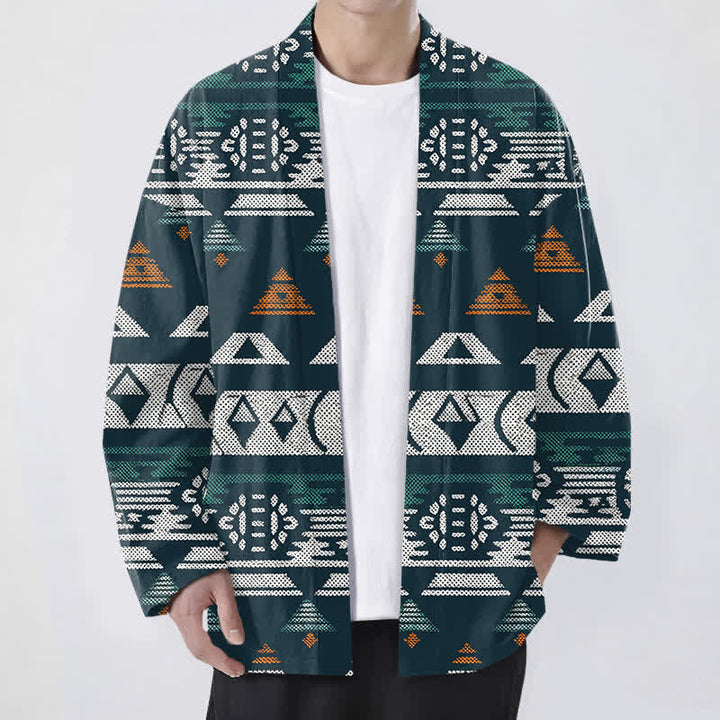 Buddha Stones Katoenen kimono met Azteeks geometrisch patroon en open voorkant voor heren - Turkoois - US/UK/AU48, EU58 (4XL) - image 0