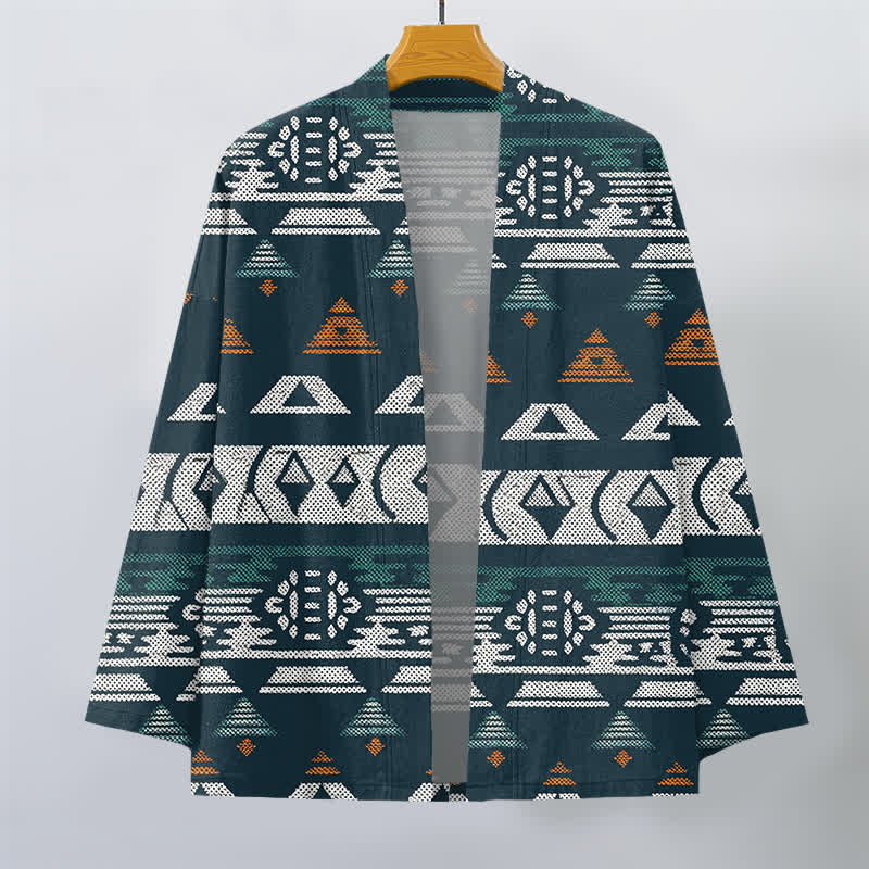 Buddha Stones Katoenen kimono met Azteeks geometrisch patroon en open voorkant voor heren - image 1