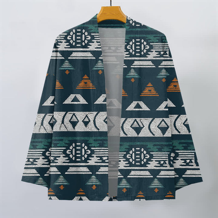 Buddha Stones Katoenen kimono met Azteeks geometrisch patroon en open voorkant voor heren - image 1