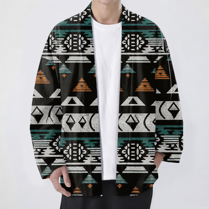 Buddha Stones Katoenen kimono met Azteeks geometrisch patroon en open voorkant voor heren - Zwart - US/UK/AU48, EU58 (4XL) - image 6