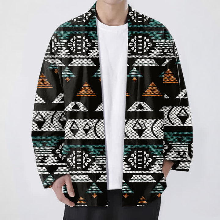 Buddha Stones Katoenen kimono met Azteeks geometrisch patroon en open voorkant voor heren - Zwart - US/UK/AU48, EU58 (4XL) - image 6