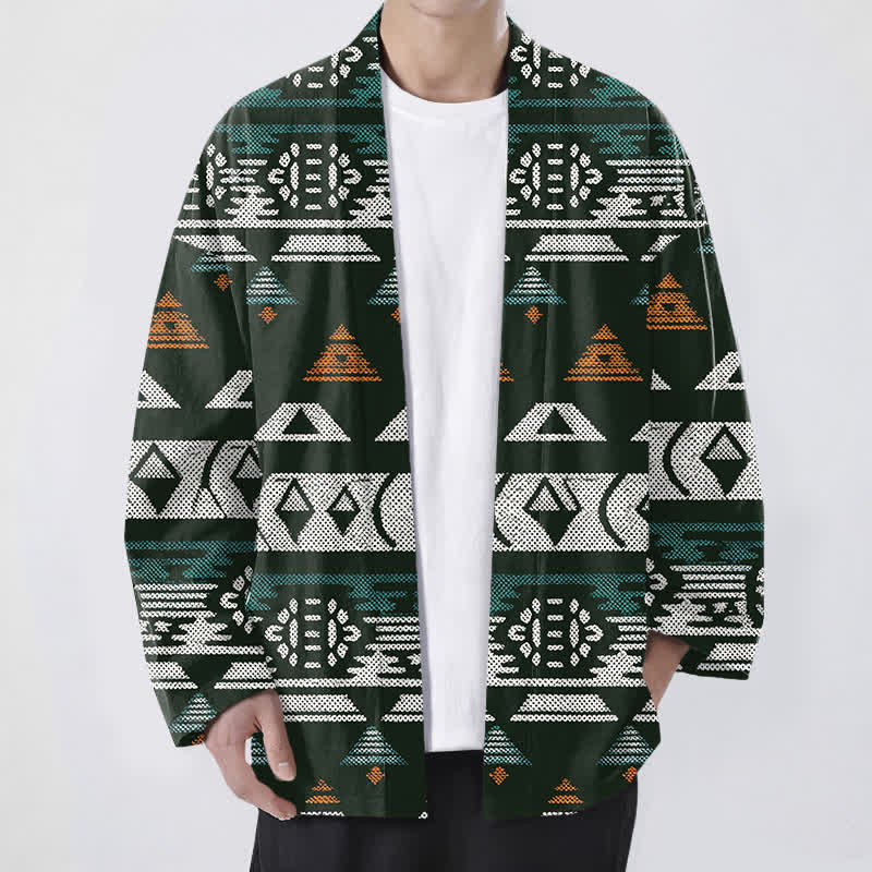 Buddha Stones Katoenen kimono met Azteeks geometrisch patroon en open voorkant voor heren - Donkergroen - US/UK/AU48, EU58 (4XL) - image 9