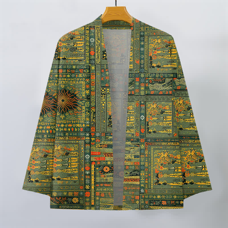 Buddha Stones Vintage katoenen kimono met open voorkant, gemaakt van veelkleurig patchwork met bloemenpatroon. - image 1