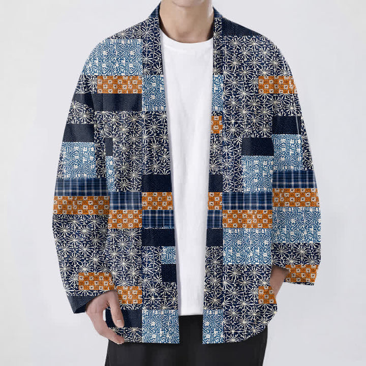 Buddha Stones Katoenen patchwork kimono met geometrisch blokpatroon en open voorkant voor heren - Marine - US/UK/AU48, EU58 (4XL) - image 0