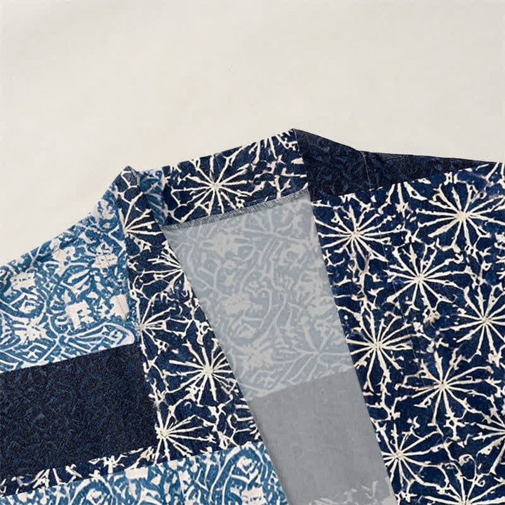 Buddha Stones Katoenen patchwork kimono met geometrisch blokpatroon en open voorkant voor heren - image 3