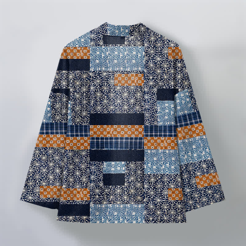 Buddha Stones Katoenen patchwork kimono met geometrisch blokpatroon en open voorkant voor heren - image 2