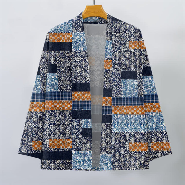 Buddha Stones Katoenen patchwork kimono met geometrisch blokpatroon en open voorkant voor heren - image 1