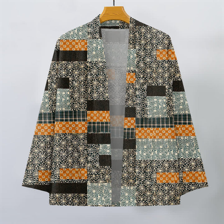 Buddha Stones Katoenen patchwork kimono met geometrisch blokpatroon en open voorkant voor heren - image 7
