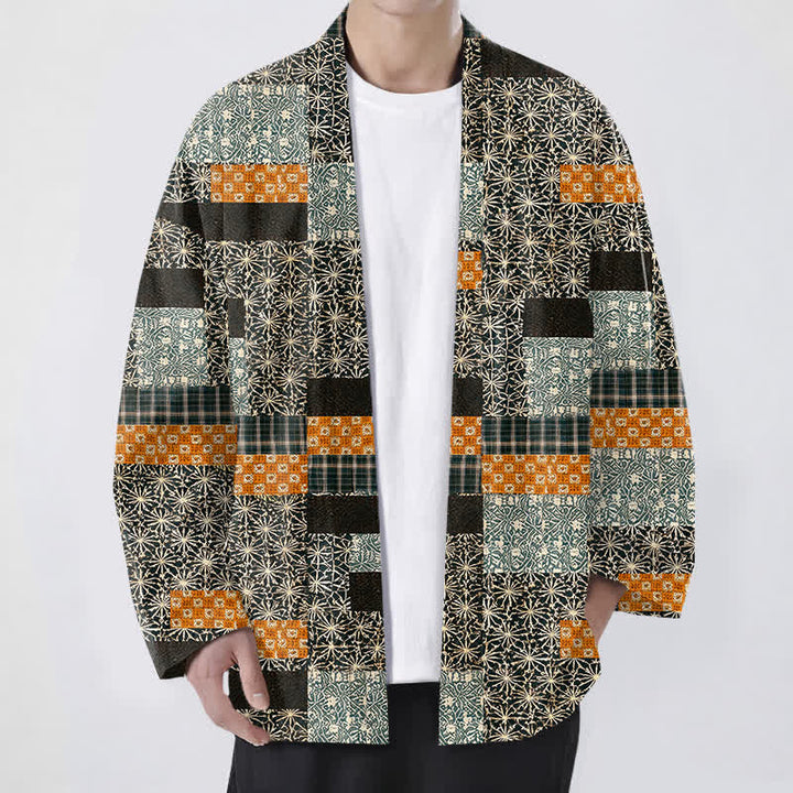 Buddha Stones Katoenen patchwork kimono met geometrisch blokpatroon en open voorkant voor heren - Zwart - US/UK/AU48, EU58 (4XL) - image 6
