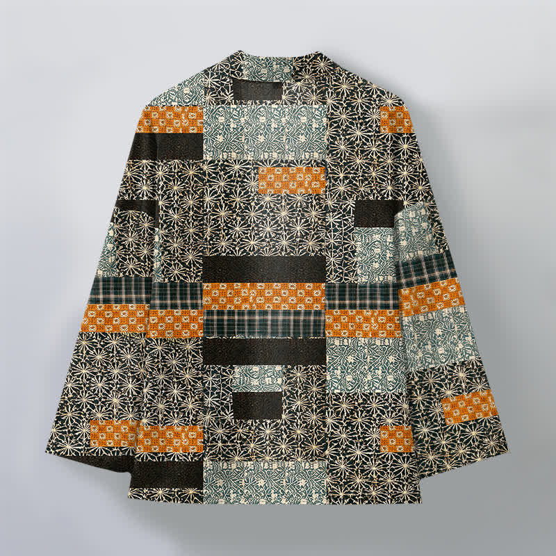 Buddha Stones Katoenen patchwork kimono met geometrisch blokpatroon en open voorkant voor heren - image 8