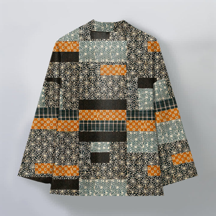 Buddha Stones Katoenen patchwork kimono met geometrisch blokpatroon en open voorkant voor heren - image 8