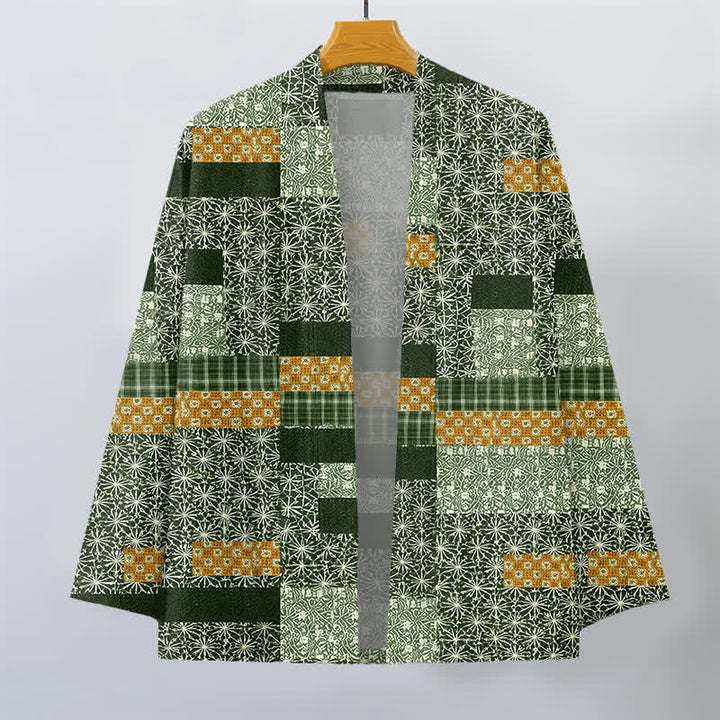 Buddha Stones Katoenen patchwork kimono met geometrisch blokpatroon en open voorkant voor heren - image 10