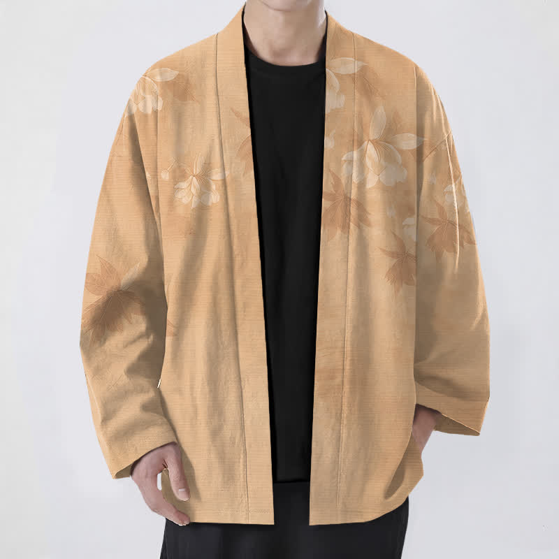 Buddha Stones Katoenen kimono met subtiel bloemen- en bladmotief en open voorkant voor heren - Bruinen - US/UK/AU48, EU58 (4XL) - image 0