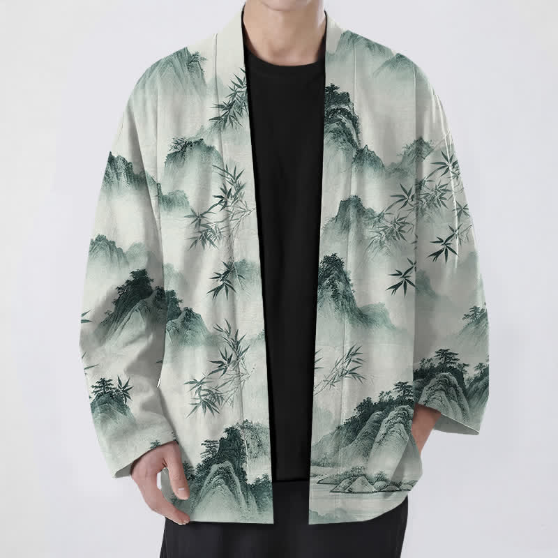 Buddha Stones Katoenen inkt bamboe bergen landschap patroon open voorkant heren kimono - Donkerzeegroen - US/UK/AU48, EU58 (4XL) - image 0