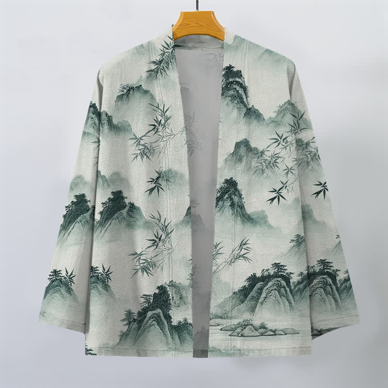 Buddha Stones Katoenen inkt bamboe bergen landschap patroon open voorkant heren kimono - image 1