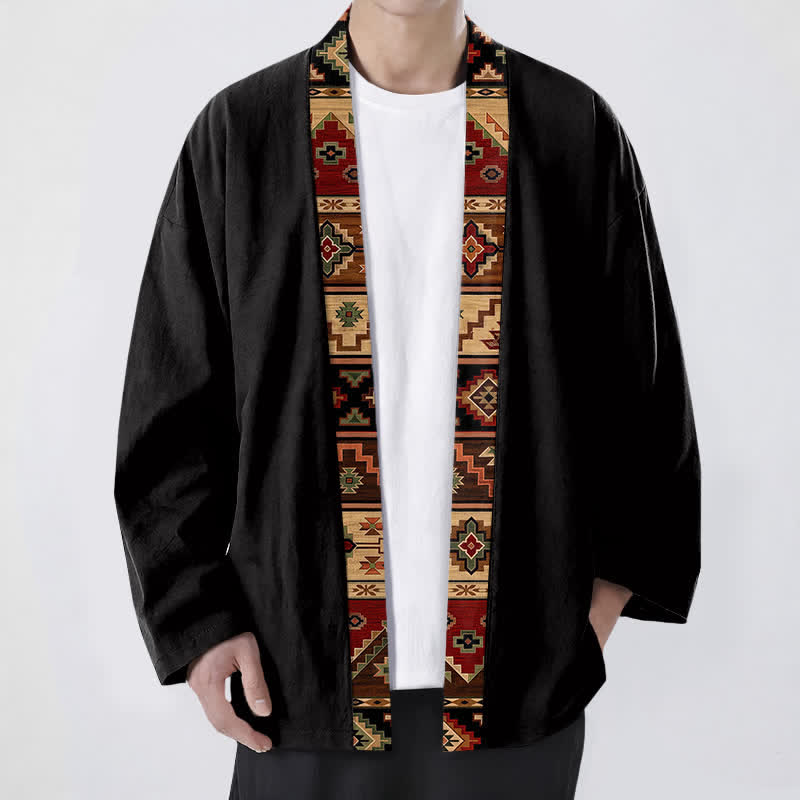 Buddha Stones Katoenen herenkimono met open voorkant, tribaal geometrisch patroon en tribale versieringen. - Zwart - US/UK/AU48, EU58 (4XL) - image 0