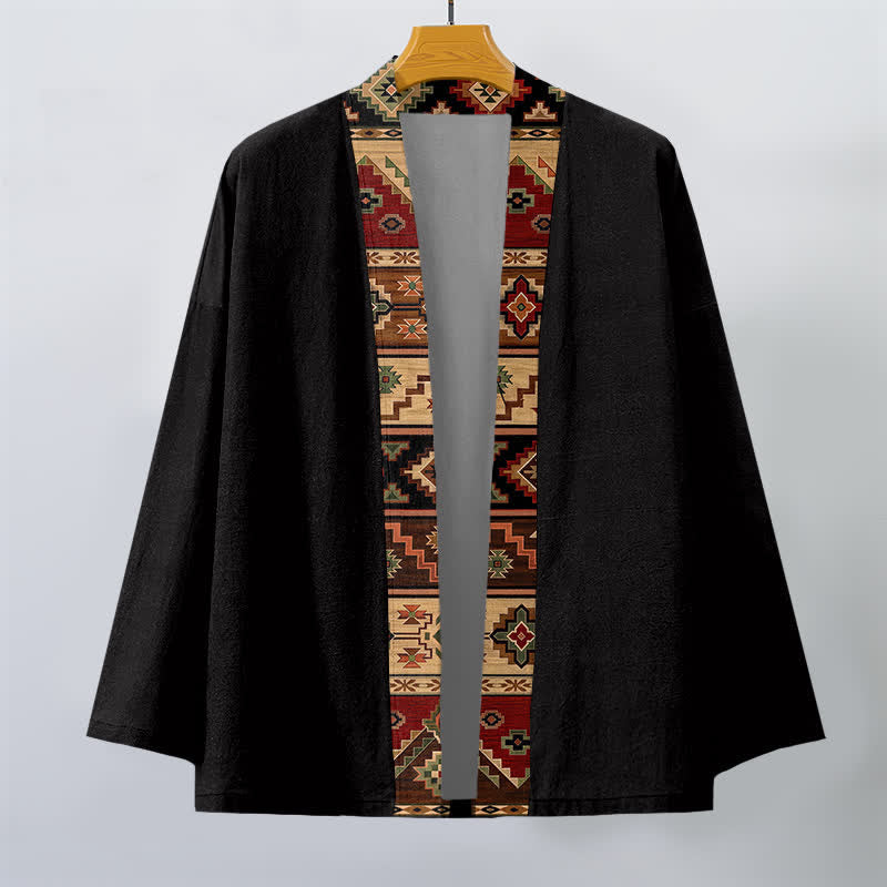 Buddha Stones Katoenen herenkimono met open voorkant, tribaal geometrisch patroon en tribale versieringen. - image 1