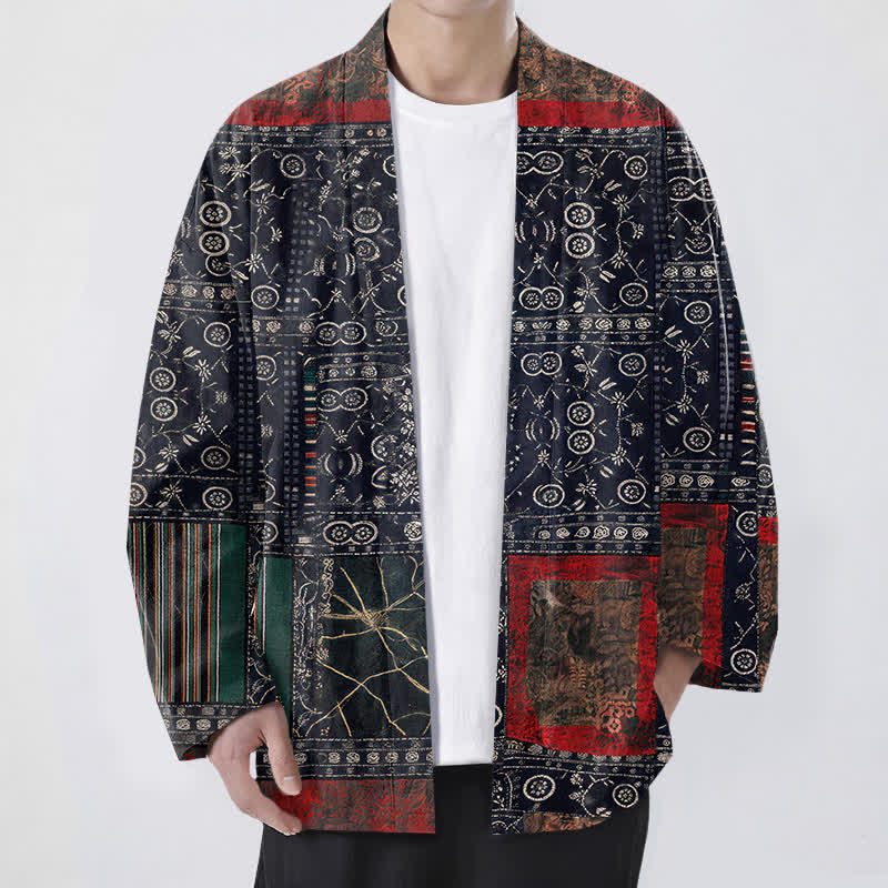Buddha Stones Katoenen kimono voor heren met open voorkant, geometrisch patchworkpatroon in tribale stijl - Marine - US/UK/AU48, EU58 (4XL) - image 0