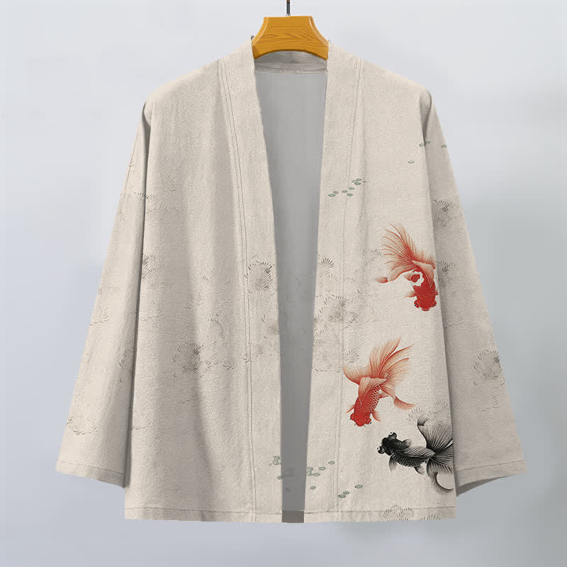 Buddha Stones Katoenen kimono voor heren met open voorkant en patroon van koivissen en golvende vormen. - image 1