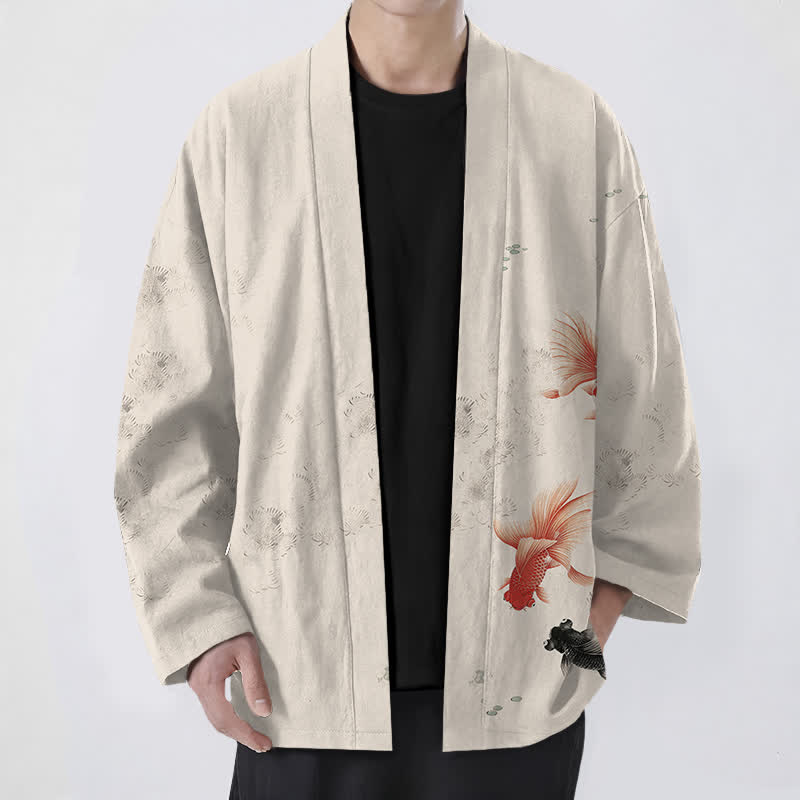 Buddha Stones Katoenen kimono voor heren met open voorkant en patroon van koivissen en golvende vormen. - Linnen - US/UK/AU48, EU58 (4XL) - image 0