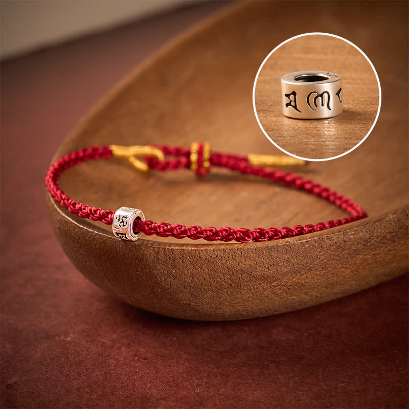 Buddha Stones Zwart-rode armband van 925 sterling zilver met de Armband Om Mani Padme Hum en geluk. - Donkerrood koord - 5,5–6,3 inch (14–16 cm) - image 0