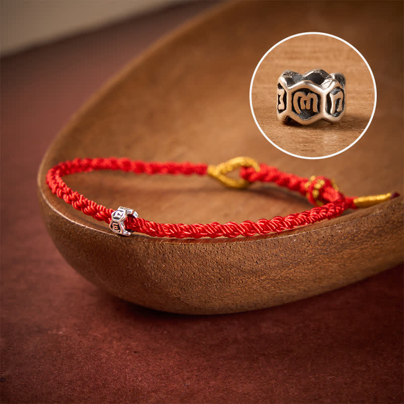 Buddha Stones Zwart-rode koord 925 sterling zilveren Om Mani Padme Hum wielkraal Armband - Rode draad - 5,5–6,3 inch (14–16 cm) - image 0