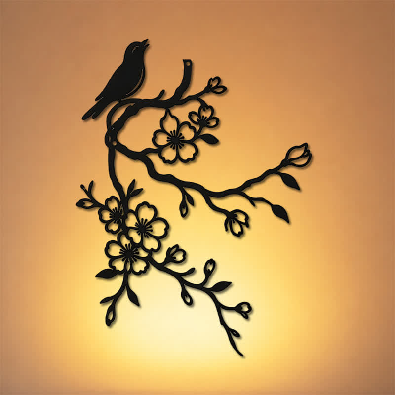 Buddha Stones Metalen vogel op een perzikbloesemtak, zen-ijzeren Wandkunst met betekenisvolle symbolen. - image 0