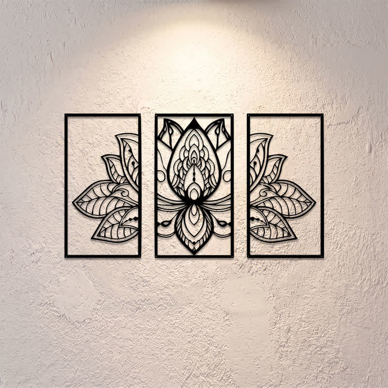Buddha Stones Lotus Verlichting Triptiek IJzeren Metaal Wandkunst met betekenisvolle symbolen - image 0