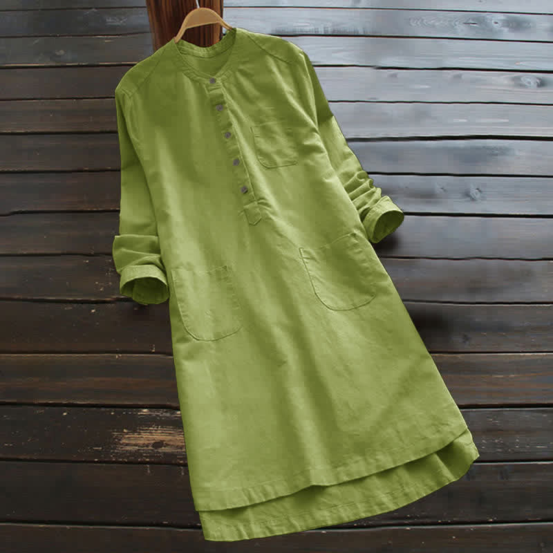 Buddha Stones Damesblouse met Lange mouw, effen knoopsluiting en Zakken - Geelgroen - US16, UK/AU20, EU48 (5XL) - image 8