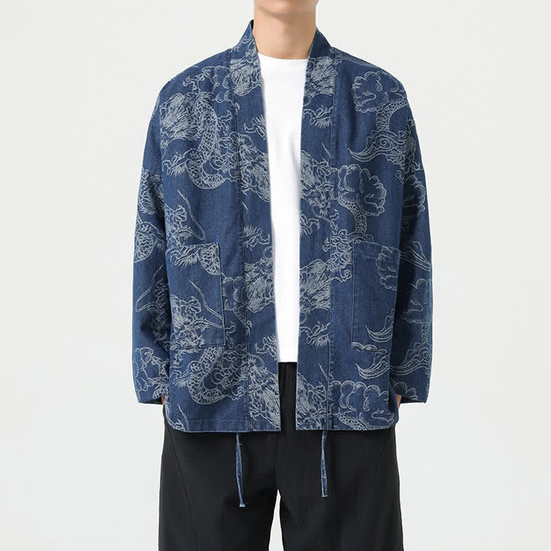 Buddha Stones Vintage lentekimono voor heren met trekkoord, draken- en wolkenprint en Zakken. - Staalblauw - US/UK/AU46, EU56 (3XL) - image 0