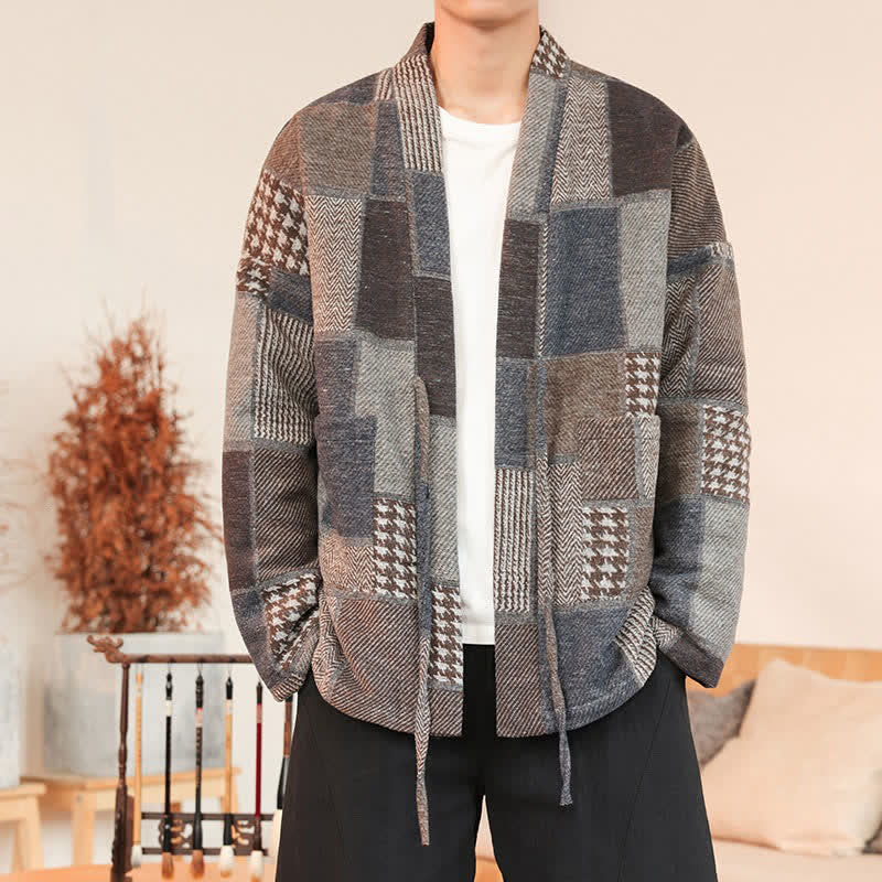 Buddha Stones Casual vintage herenkimono met trekkoord, ruitjespatroon en patchwork, met Zakken, voor de herfst en winter. - image 1