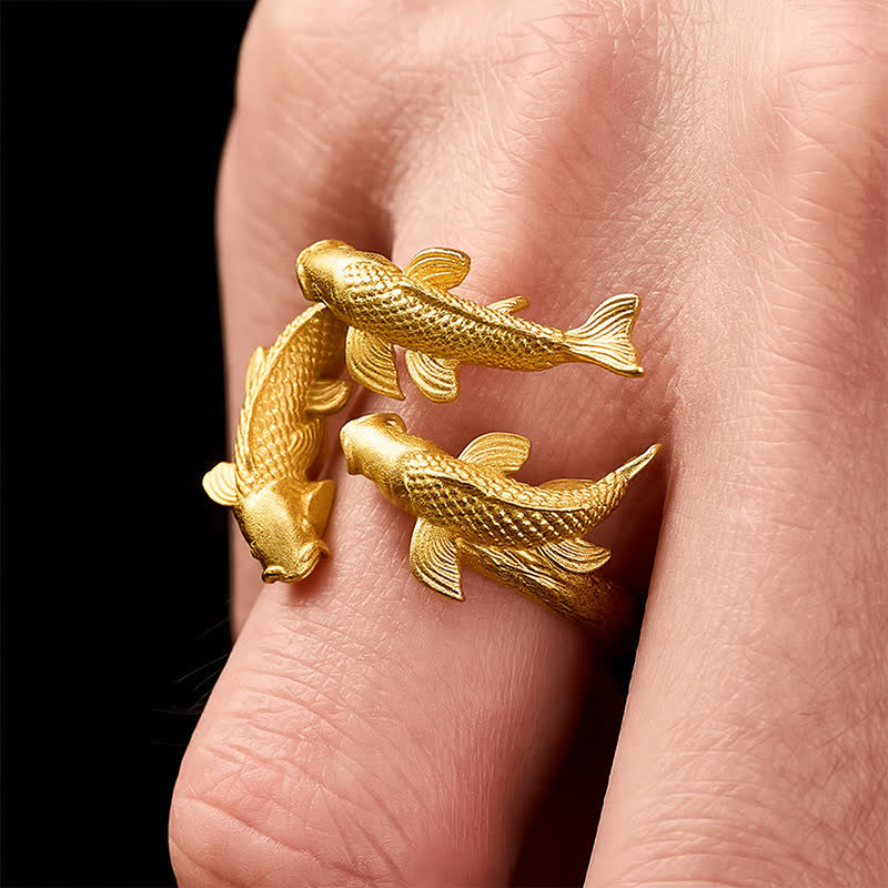 Buddha Stones Retro legering drie koivissen rijkdom open Ring - image 3