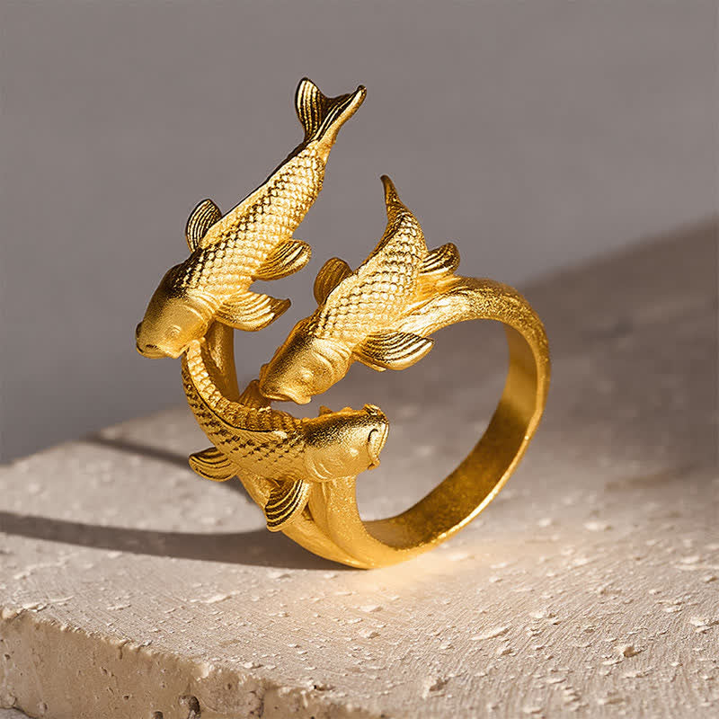 Buddha Stones Retro legering drie koivissen rijkdom open Ring - image 2