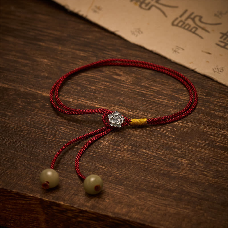 Buddha Stones Vintage Armband met gevlochten rood koord, gemaakt van 925 sterling zilver met lotusmotief. - Lotus (Polsomtrek: 14–18 cm) - image 0