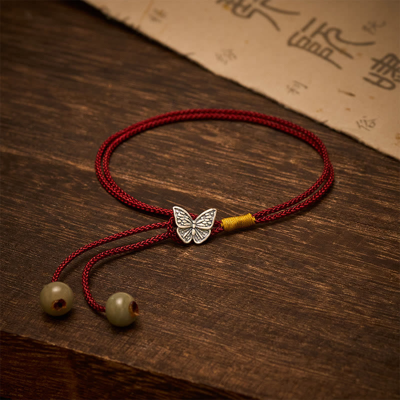 Buddha Stones Vintage Armband met gevlochten rode koord en vlindermotief, gemaakt van 925 sterling zilver. - Vlinder (Polsomtrek: 14–18 cm) - image 0