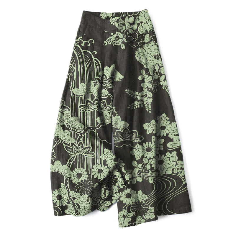 Buddha Stones Damesbroek met elastische Taille en wijde pijpen, vintage bloemenprint, katoen-linnen look en Zakken. - Zwart - US16, UK/AU20, EU48 (3XL) - image 0