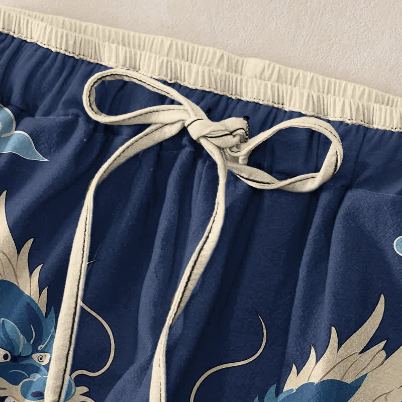 Buddha Stones Damesbroek van 100% Cotton met dubbele drakengolfprint, elastische Taille en Zakken. - image 1