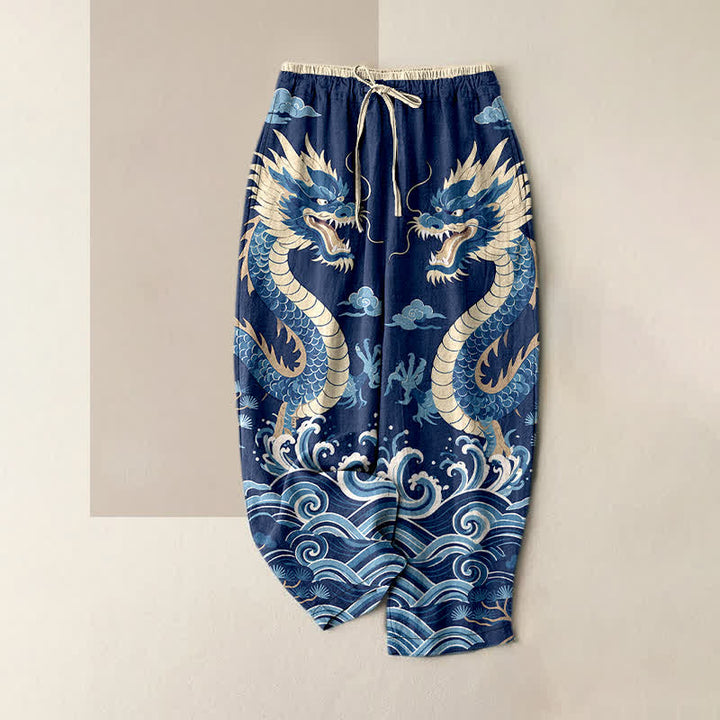 Buddha Stones Damesbroek van 100% Cotton met dubbele drakengolfprint, elastische Taille en Zakken. - Marine - US16, UK/AU20, EU48 (3XL) - image 0