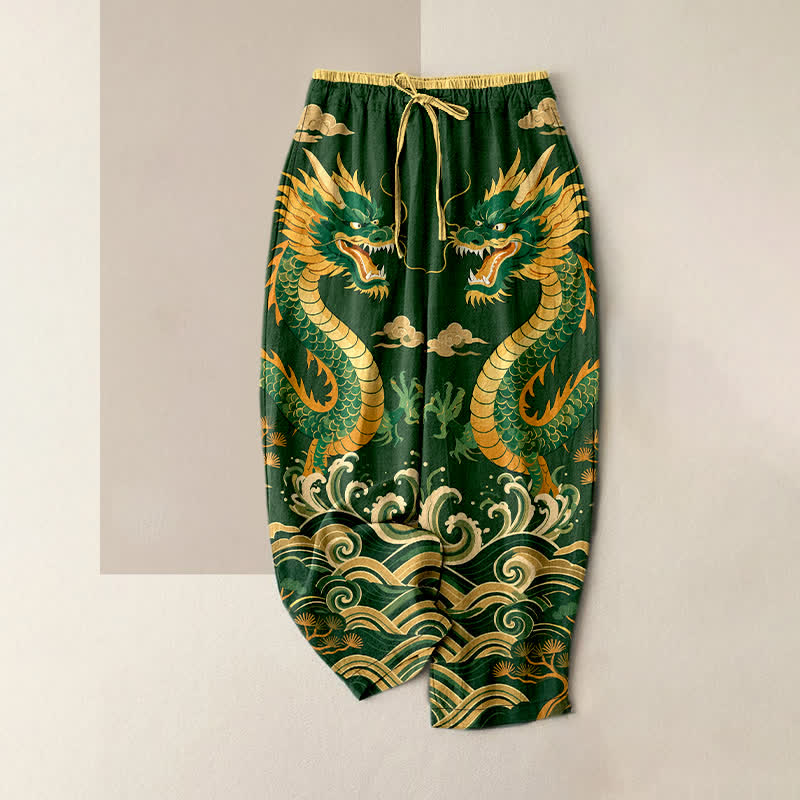Buddha Stones Damesbroek van 100% Cotton met dubbele drakengolfprint, elastische Taille en Zakken. - Bosgroen - US16, UK/AU20, EU48 (3XL) - image 4