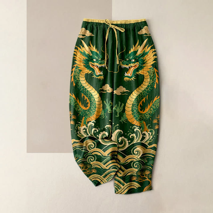 Buddha Stones Damesbroek van 100% Cotton met dubbele drakengolfprint, elastische Taille en Zakken. - Bosgroen - US16, UK/AU20, EU48 (3XL) - image 4