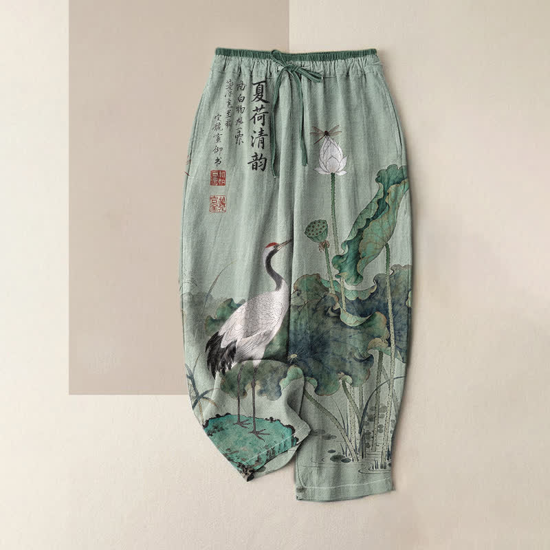 Buddha Stones Damesbroek van 100% Cotton katoen met elastische Taille en Zakken , met kraanvogel- en lotusprint. - Donkerzeegroen - US16, UK/AU20, EU48 (3XL) - image 3