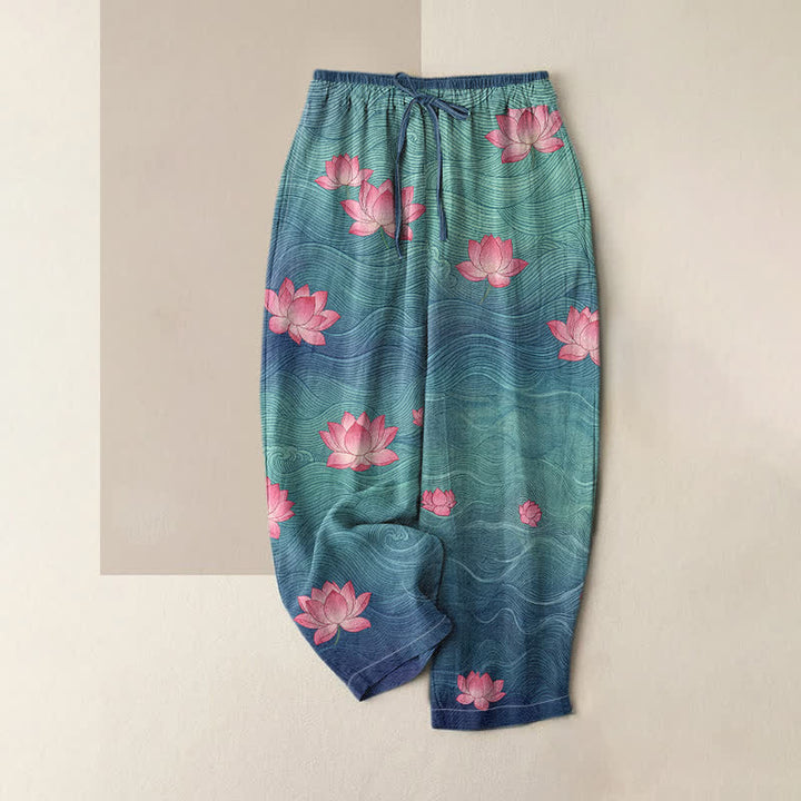 Buddha Stones Damesbroek van 100% Cotton met elastische Taille , dromerig verloop en lotuspatroon, en Zakken. - Staalblauw - US16, UK/AU20, EU48 (3XL) - image 0