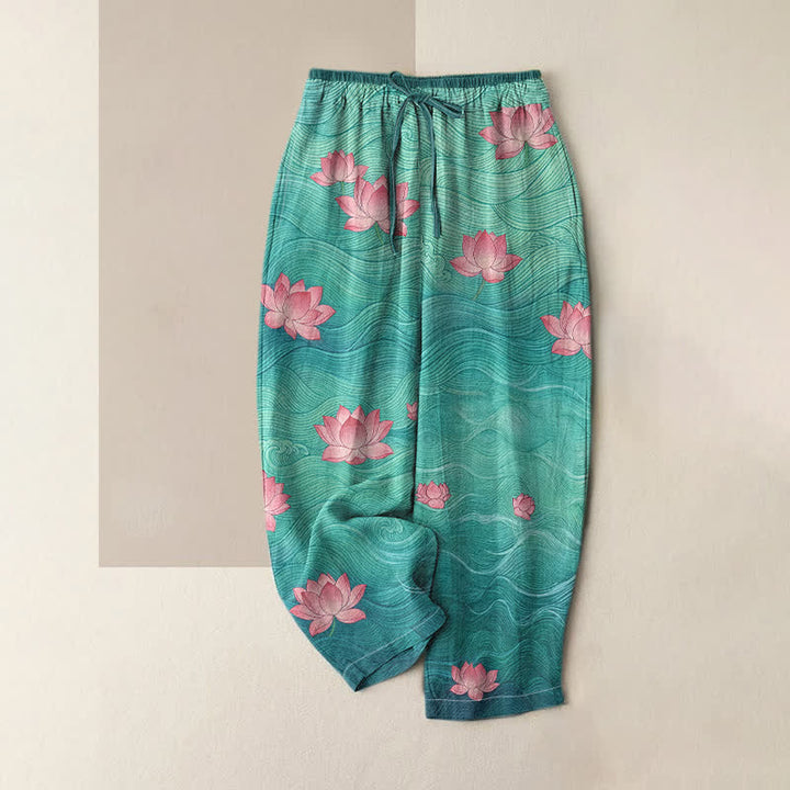 Buddha Stones Damesbroek van 100% Cotton met elastische Taille , dromerig verloop en lotuspatroon, en Zakken. - Teal - US16, UK/AU20, EU48 (3XL) - image 4