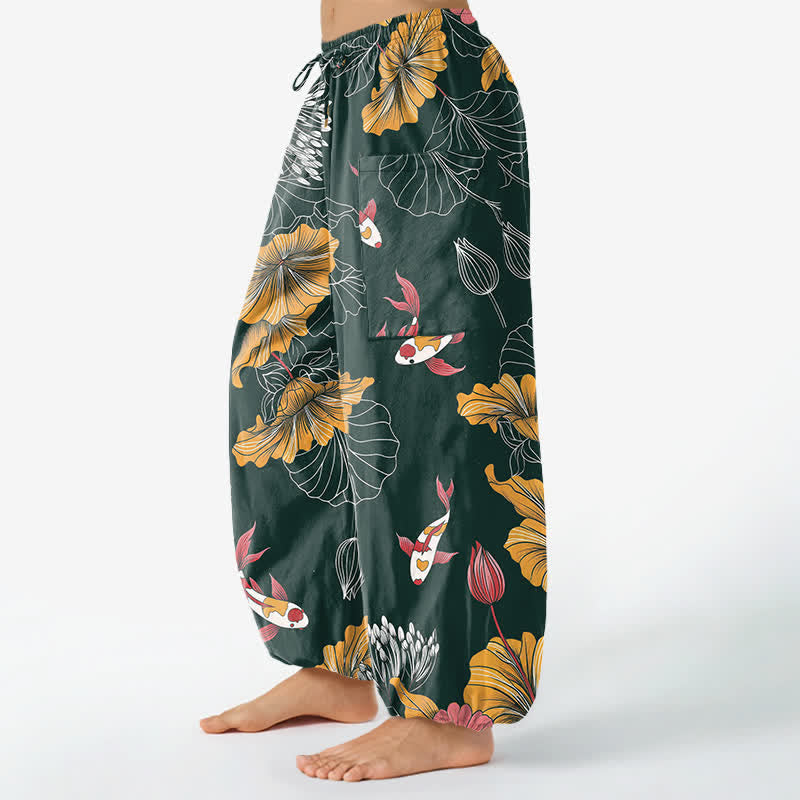 Buddha Stones Vintage katoenen harembroek met lotus- en koi-bloemenpatroon, elastische Taille en Zakken. - image 1