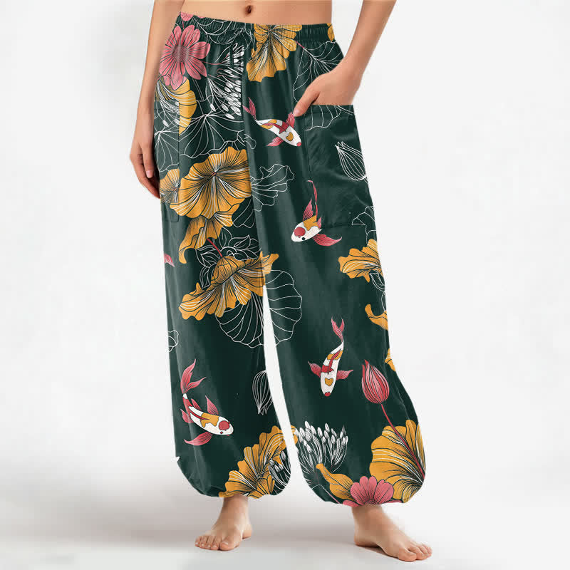 Buddha Stones Vintage katoenen harembroek met lotus- en koi-bloemenpatroon, elastische Taille en Zakken. - Donkergroen - US16, UK/AU20, EU48 (3XL) - image 0
