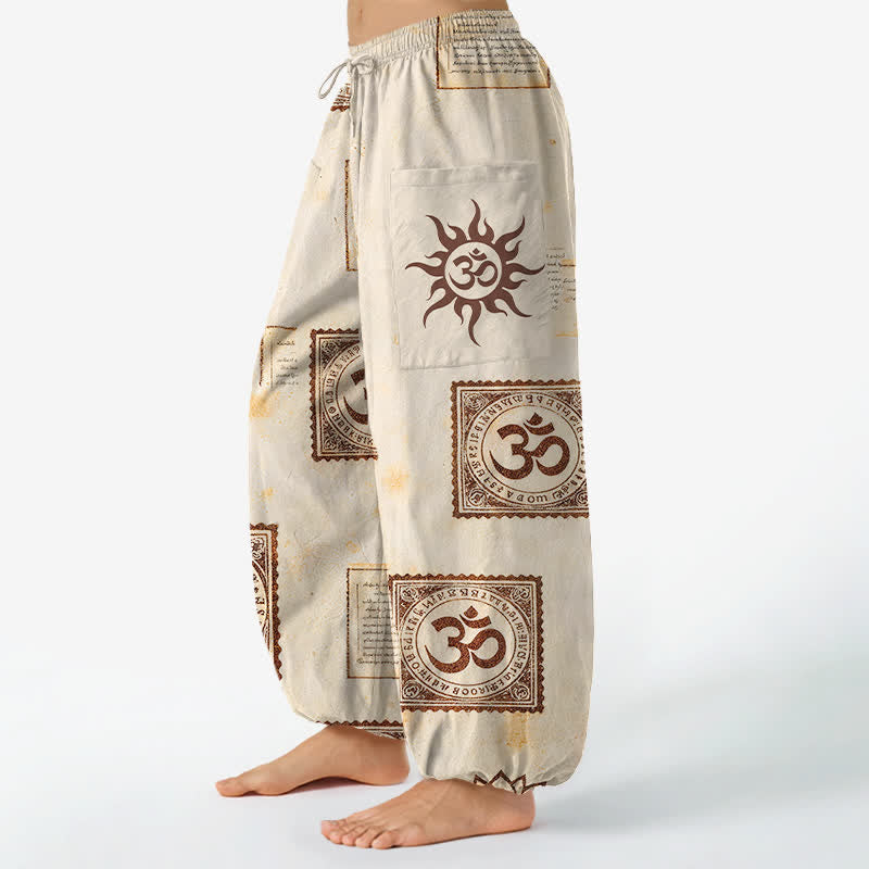 Buddha Stones Vintage katoenen harembroek met Om Sun-patroon, elastische Taille en Zakken. - image 1